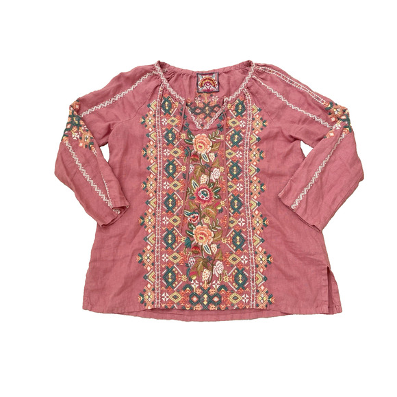 Johnny Was Chandra Pink Linen Peasant Top Blouse XS Embroidered Boho Cottage - Picture 5 of 13